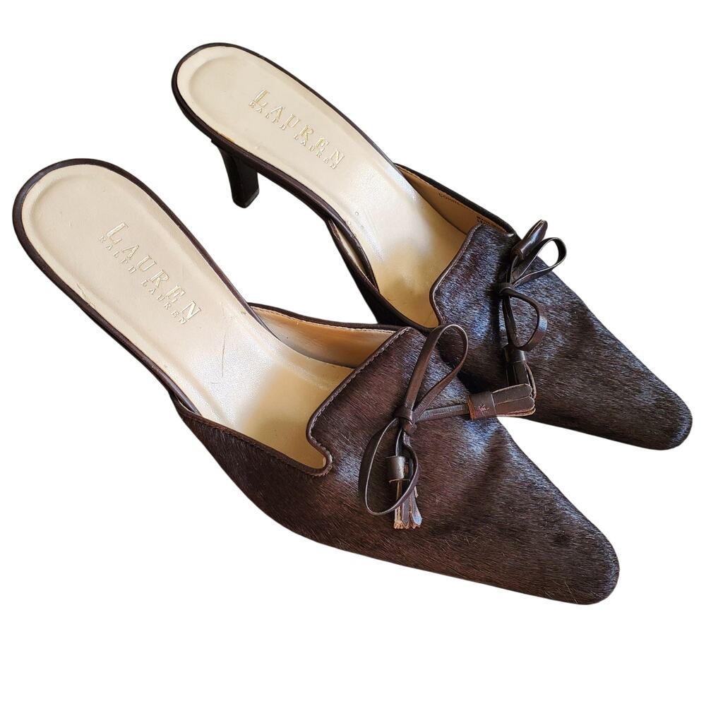 💫SOLD💫Ralph Lauren Cornelia Brown Leather Pony Hair Bow Kitten Heel - 7.5